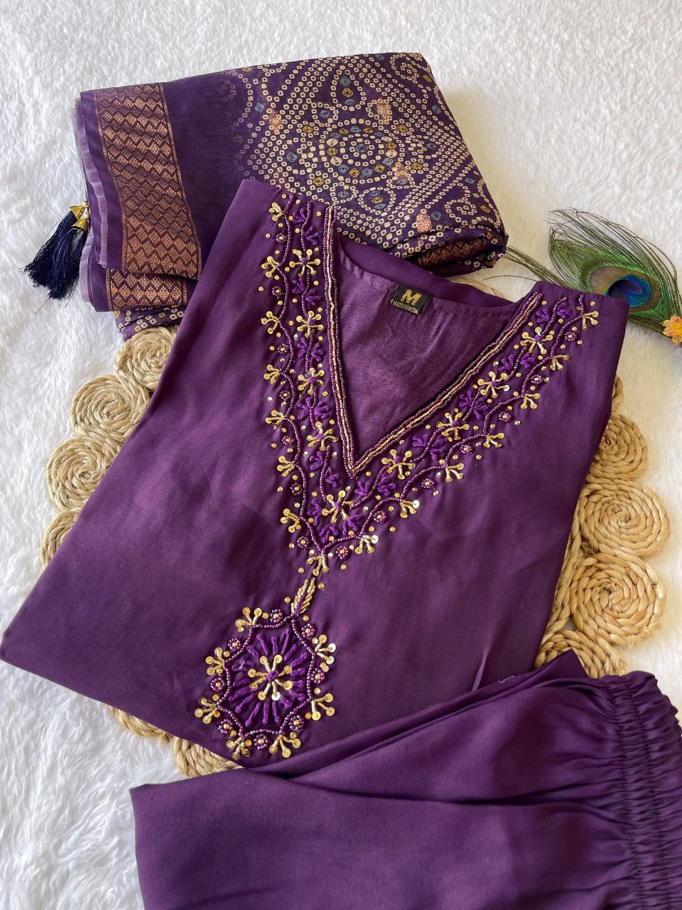 Fascinating Wine Roman Silk Handworked Kurta Pant Dupatta Set - Ethnicwish