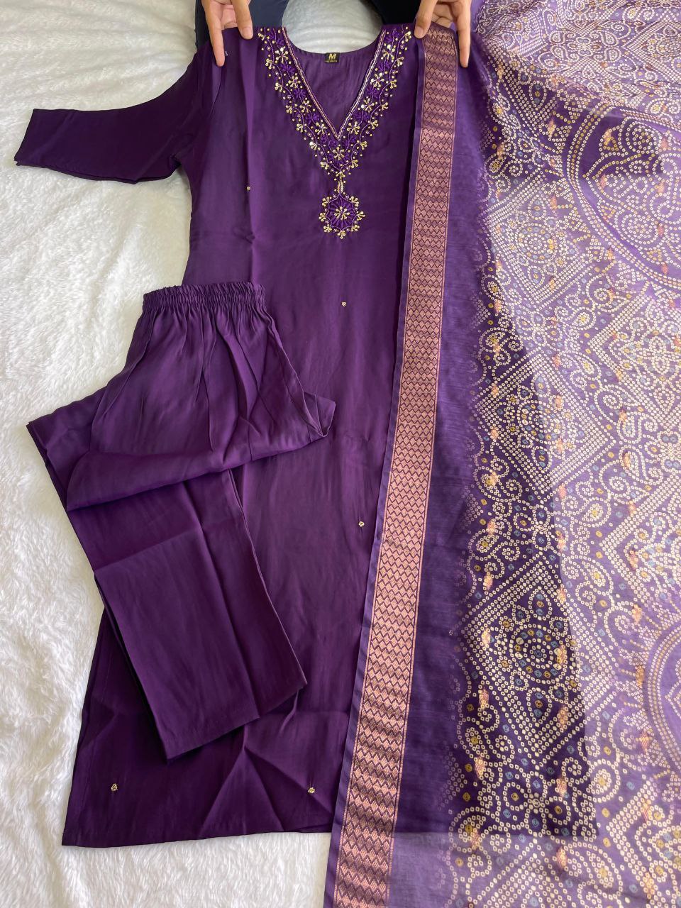 Fascinating Wine Roman Silk Handworked Kurta Pant Dupatta Set - Ethnicwish
