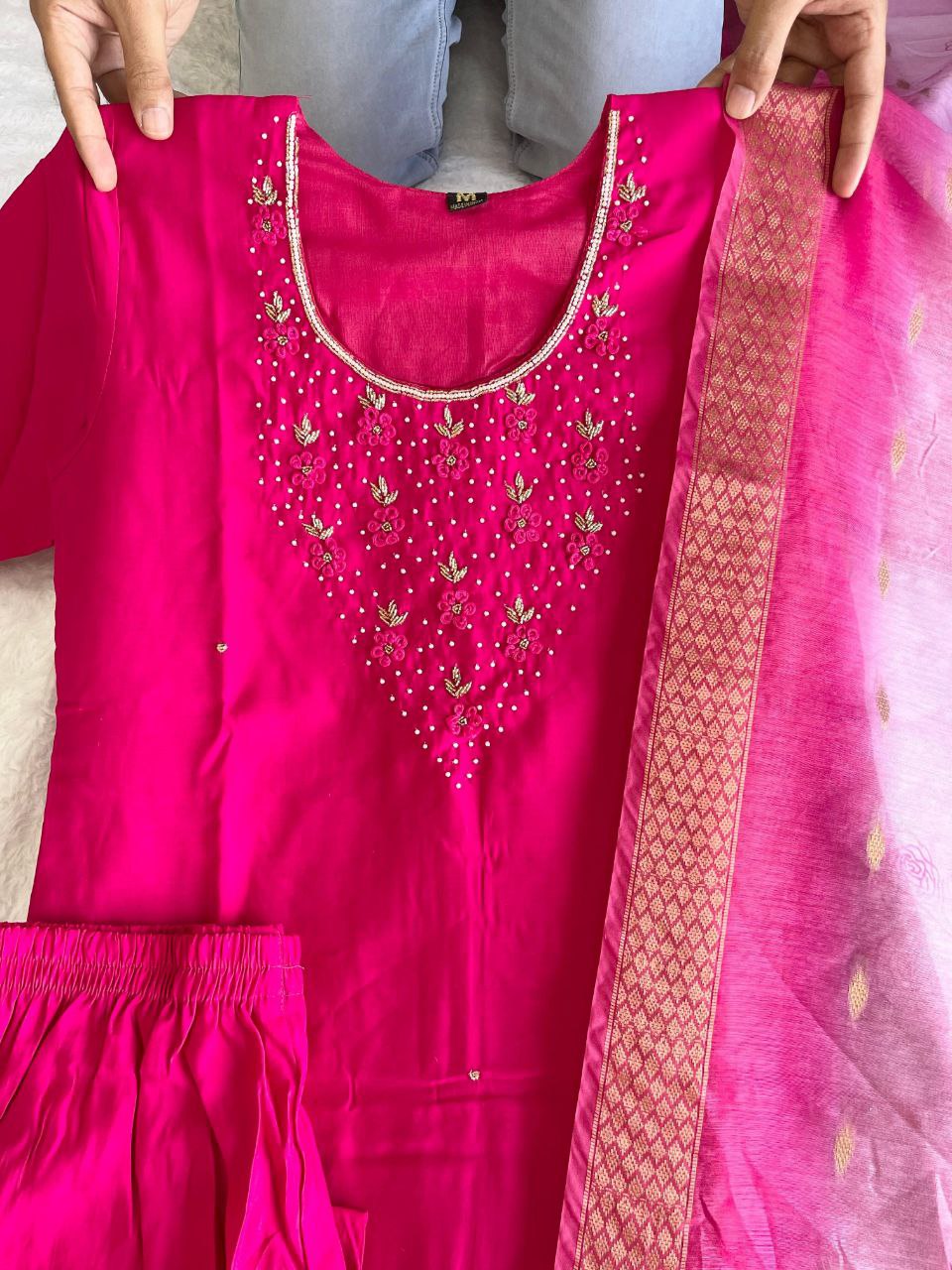 Appealing Rani Pink Roman Silk Handworked Kurta Pant Dupatta Set - Ethnicwish