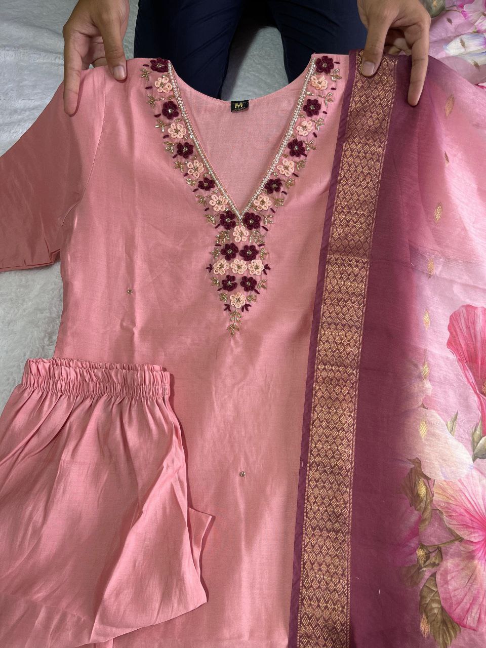 Beguiling Peach Roman Silk Handworked Kurta Pant Dupatta Set - Ethnicwish