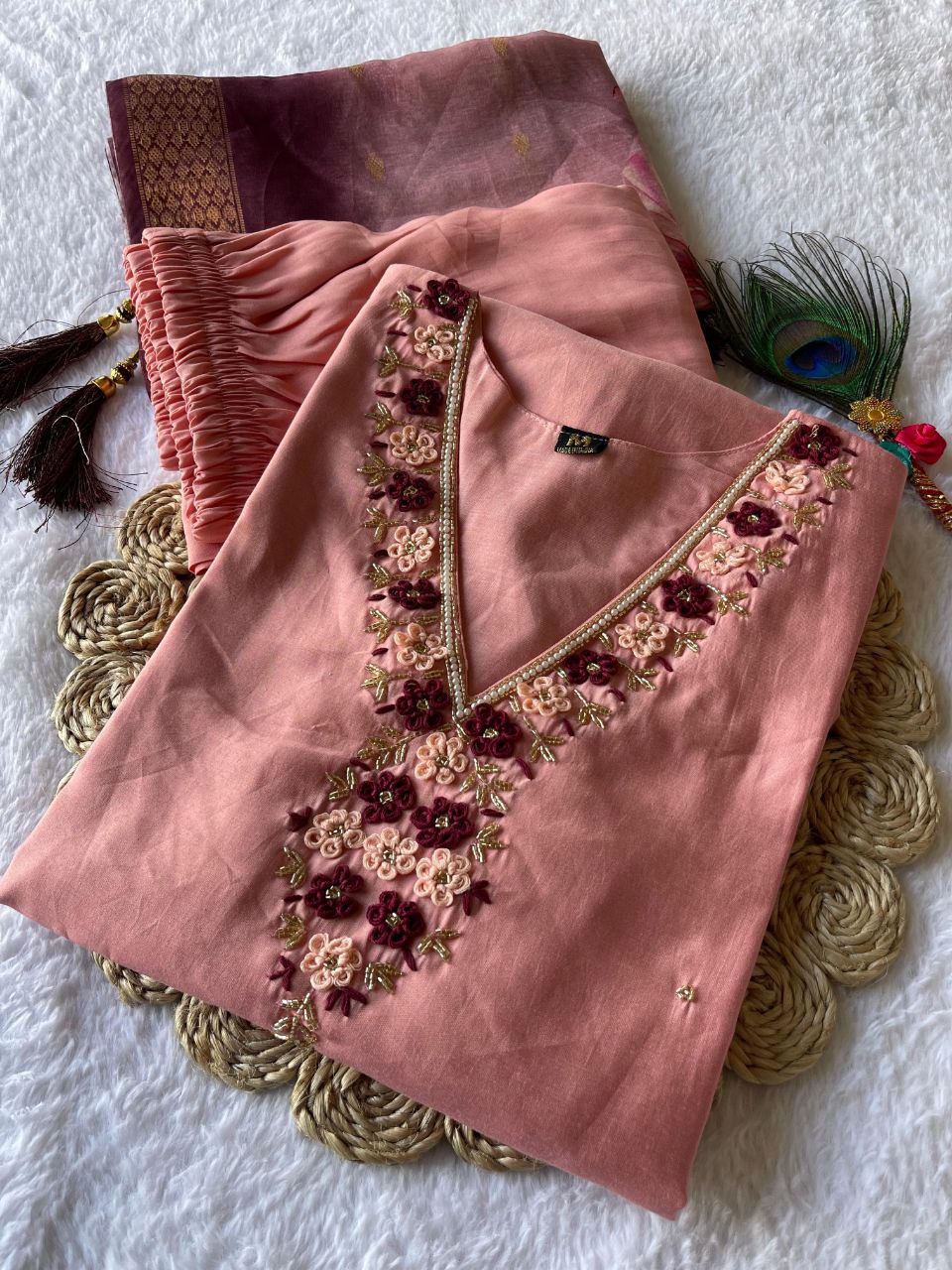 Beguiling Peach Roman Silk Handworked Kurta Pant Dupatta Set - Ethnicwish