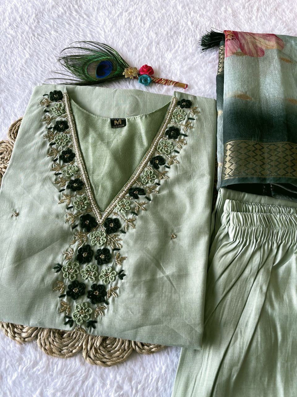 Gorgeous Pista Roman Silk Handworked Kurta Pant Dupatta Set - Ethnicwish
