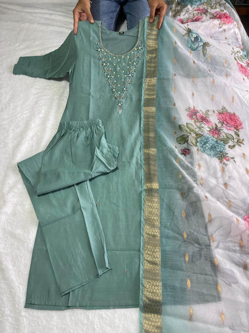Comely Teal Roman Silk Handworked Kurta Pant Dupatta Set - Ethnicwish