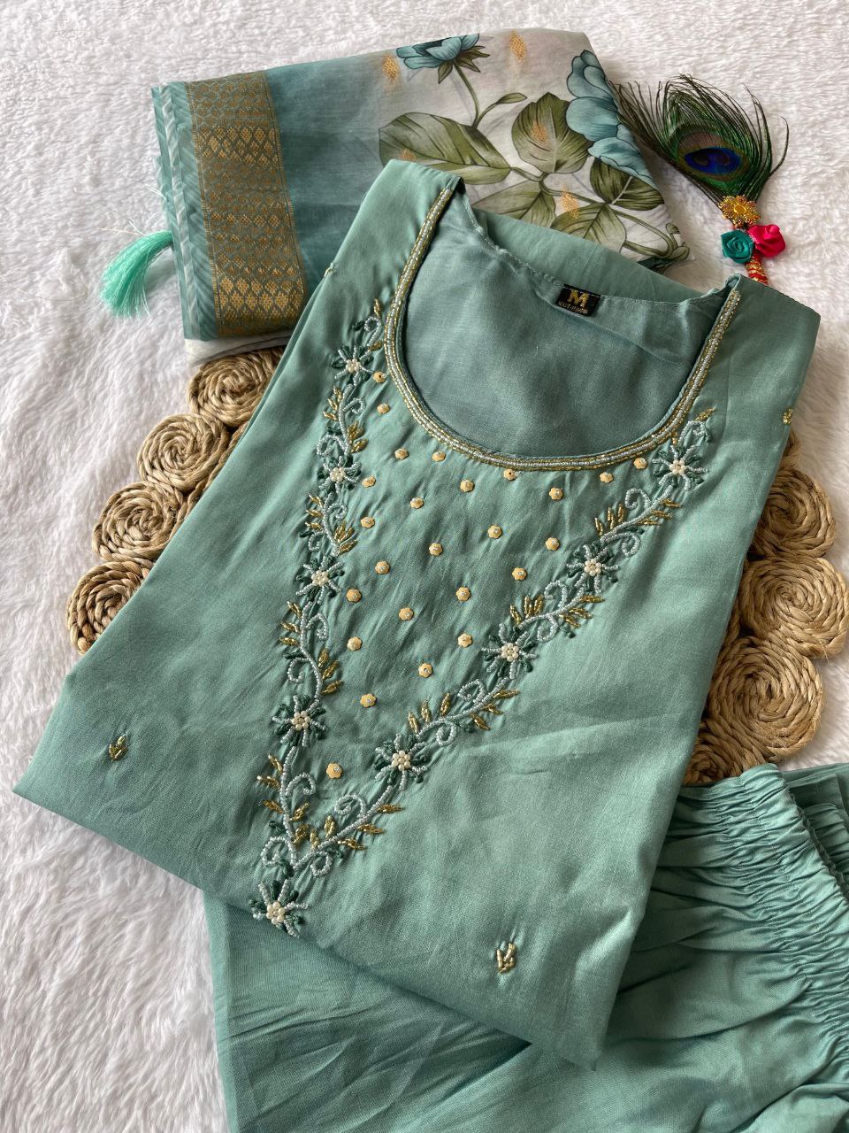 Comely Teal Roman Silk Handworked Kurta Pant Dupatta Set - Ethnicwish