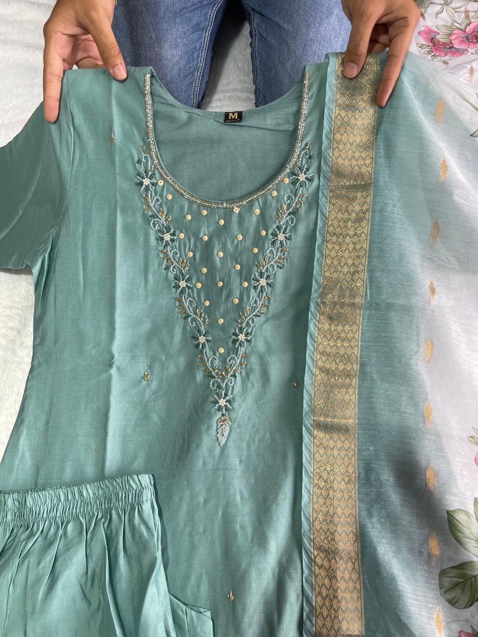 Comely Teal Roman Silk Handworked Kurta Pant Dupatta Set - Ethnicwish