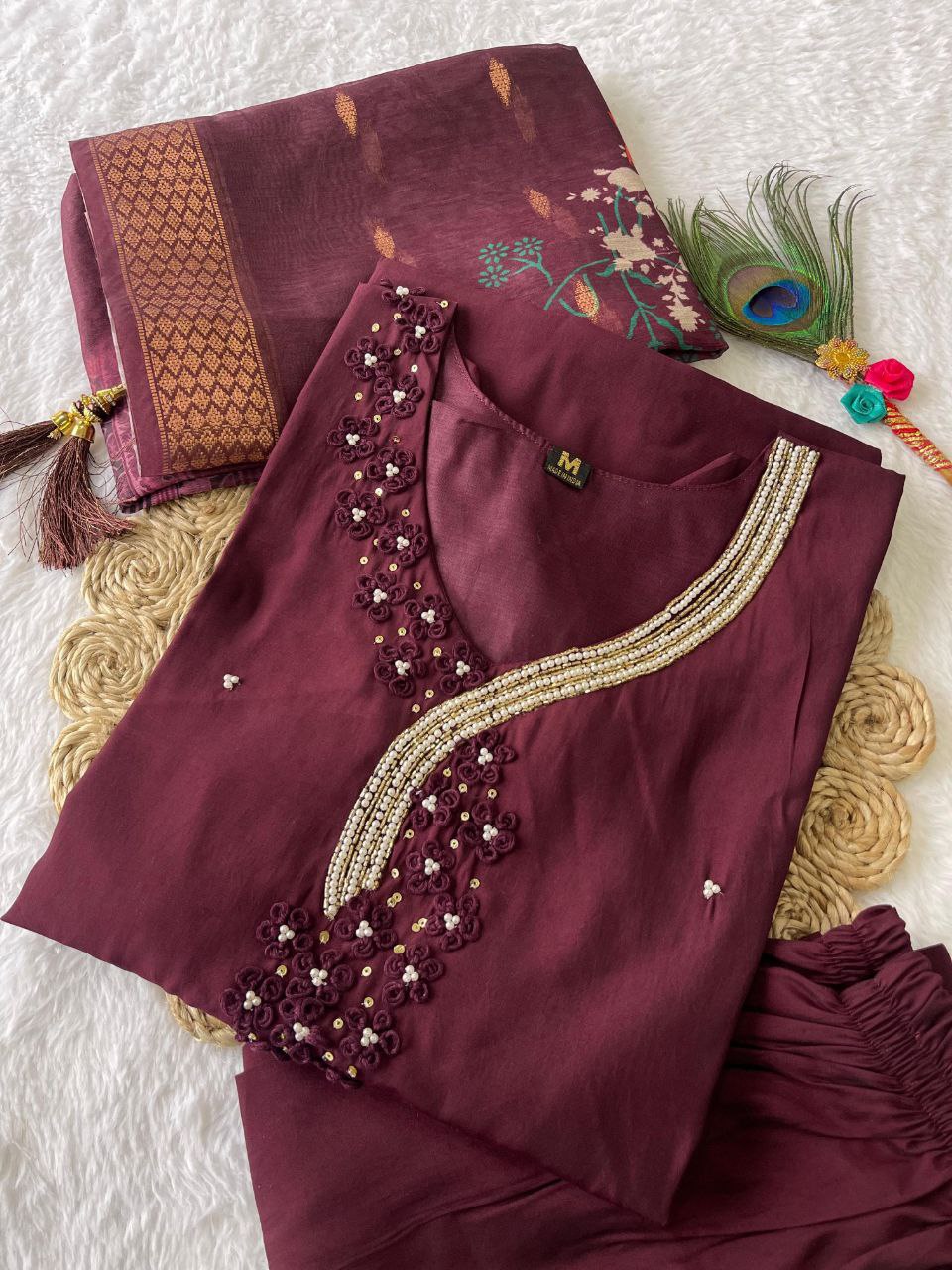 Captivating Dark Maroon Roman Silk Handworked Kurta Pant Dupatta Set - Ethnicwish