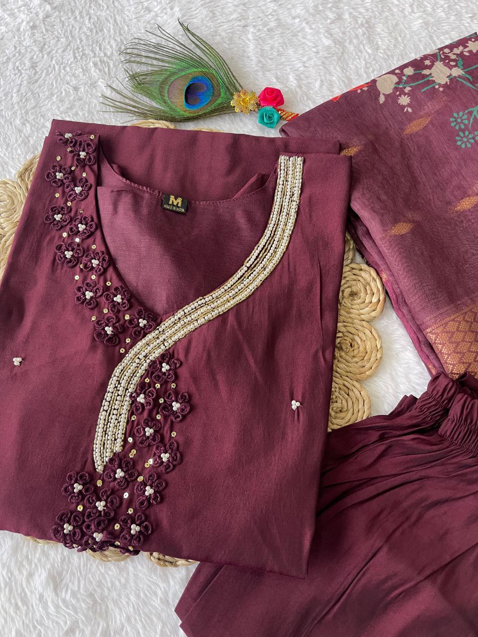 Captivating Dark Maroon Roman Silk Handworked Kurta Pant Dupatta Set - Ethnicwish