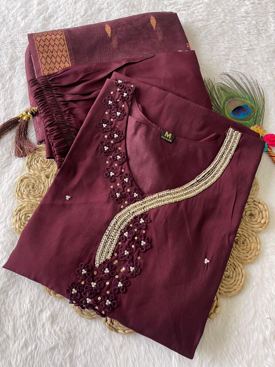 Captivating Dark Maroon Roman Silk Handworked Kurta Pant Dupatta Set - Ethnicwish