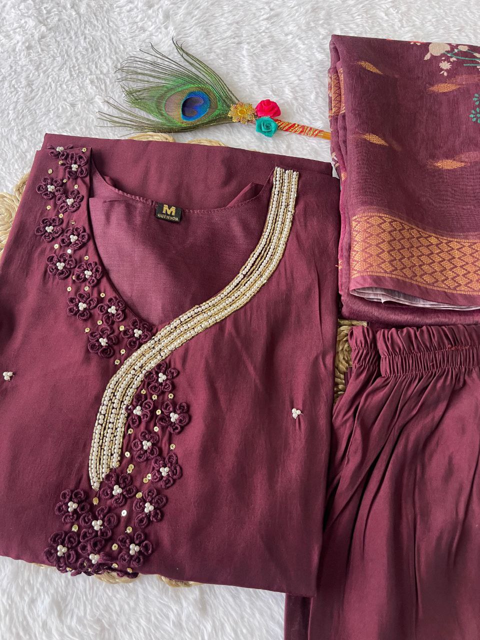 Captivating Dark Maroon Roman Silk Handworked Kurta Pant Dupatta Set - Ethnicwish