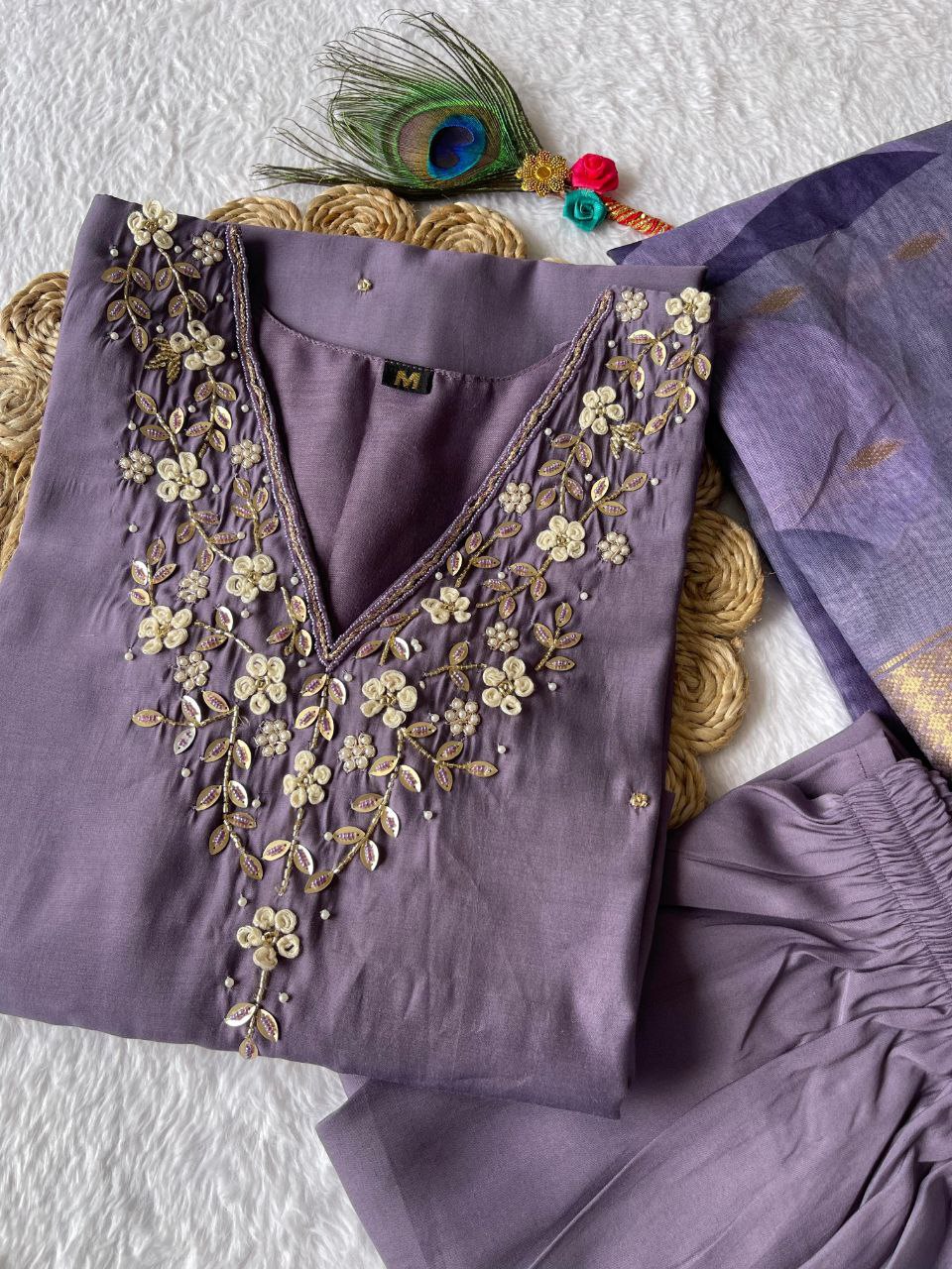 Splendid Light Lavender Roman Silk Handworked Kurta Pant Dupatta Set - Ethnicwish