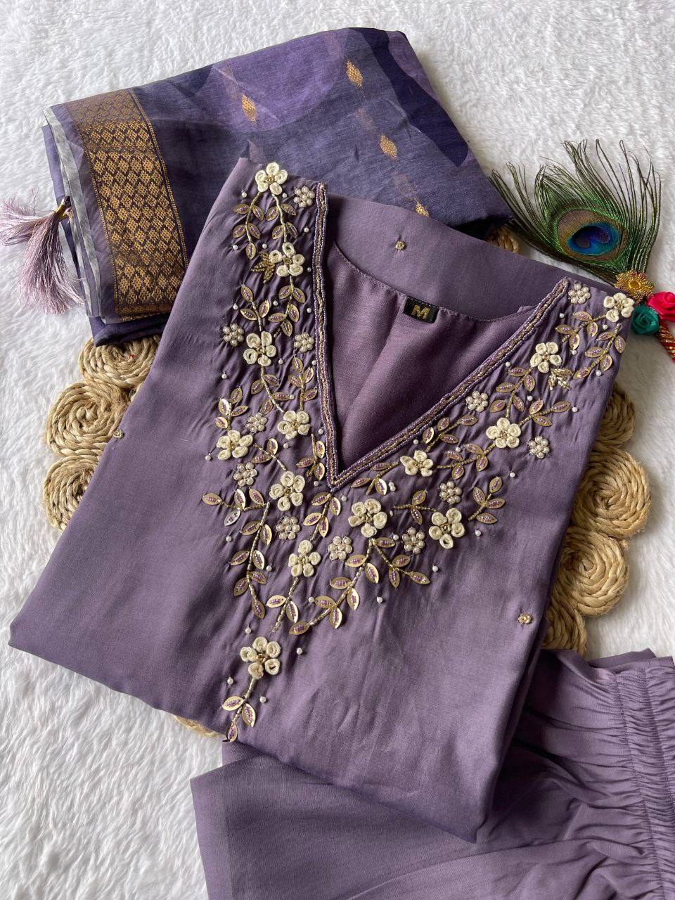 Splendid Light Lavender Roman Silk Handworked Kurta Pant Dupatta Set - Ethnicwish