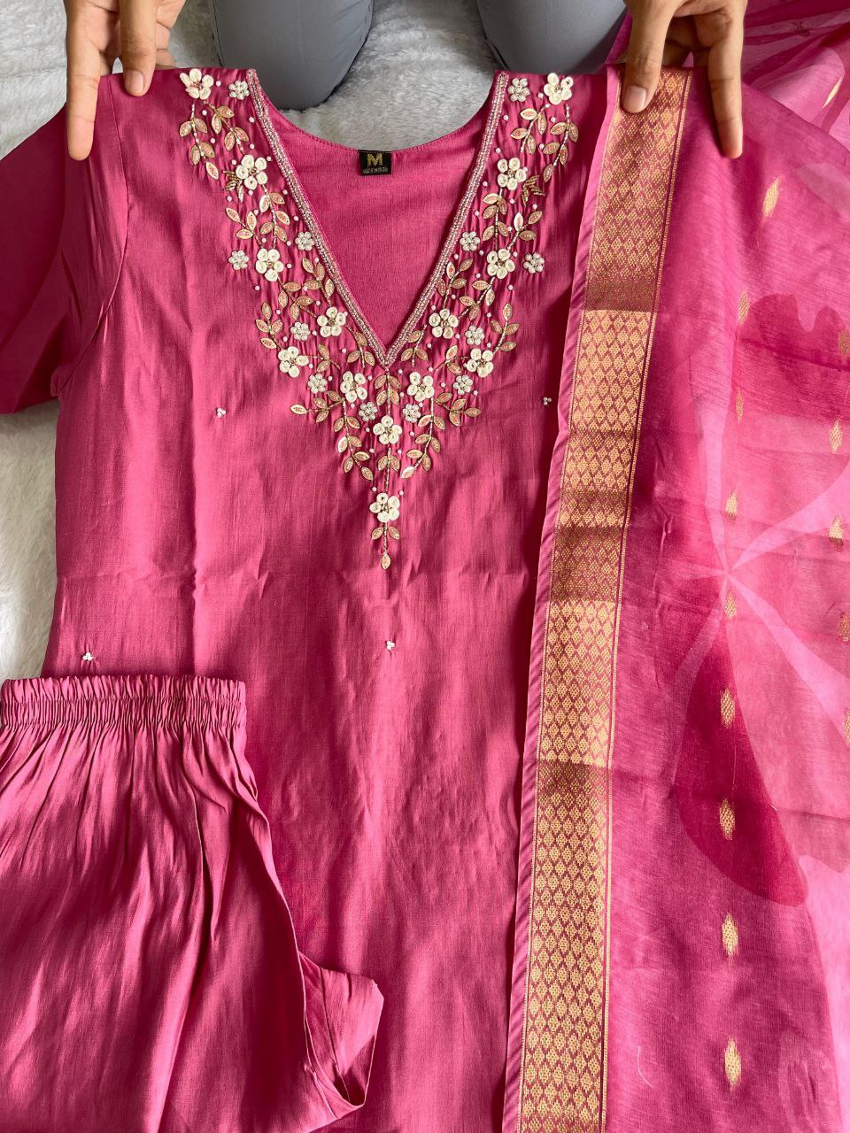 Graceful Rouge Roman Silk Handworked Kurta Pant Dupatta Set - Ethnicwish