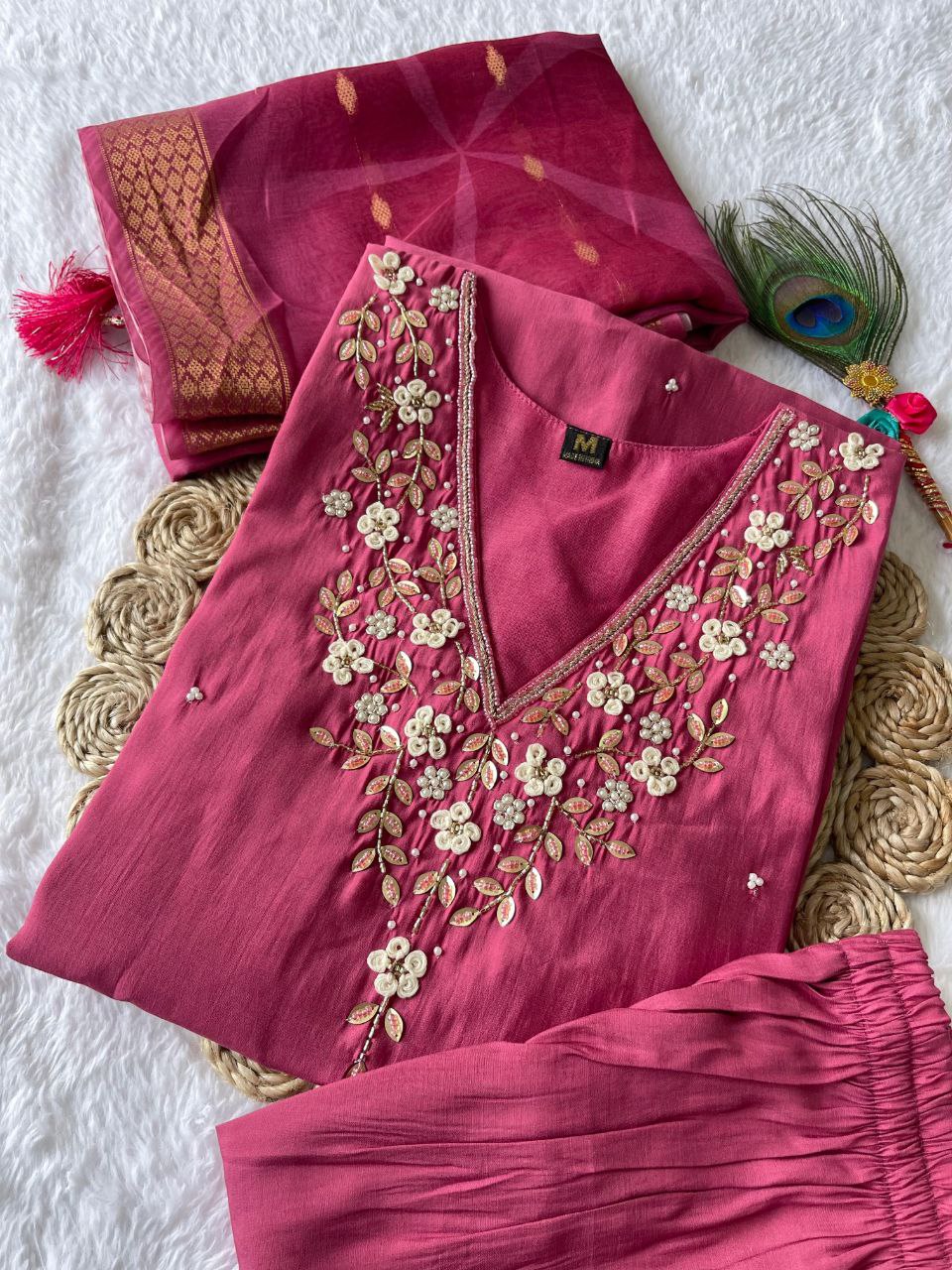 Graceful Rouge Roman Silk Handworked Kurta Pant Dupatta Set - Ethnicwish