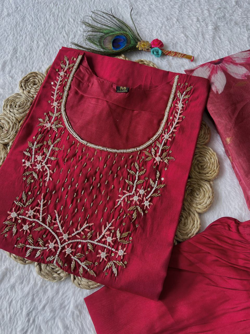 Classy Maroon Roman Silk Handworked Kurta Pant Dupatta Set - Ethnicwish