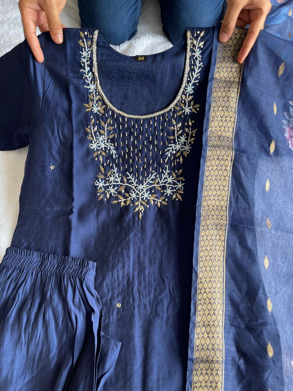 Bewitching Navy Blue Roman Silk Handworked Kurta Pant Dupatta Set - Ethnicwish