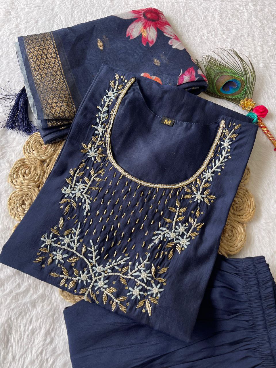 Bewitching Navy Blue Roman Silk Handworked Kurta Pant Dupatta Set - Ethnicwish