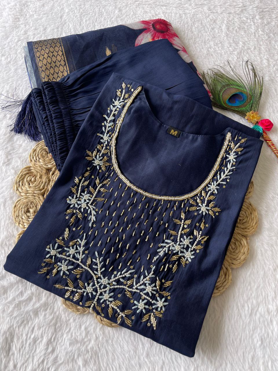 Bewitching Navy Blue Roman Silk Handworked Kurta Pant Dupatta Set - Ethnicwish
