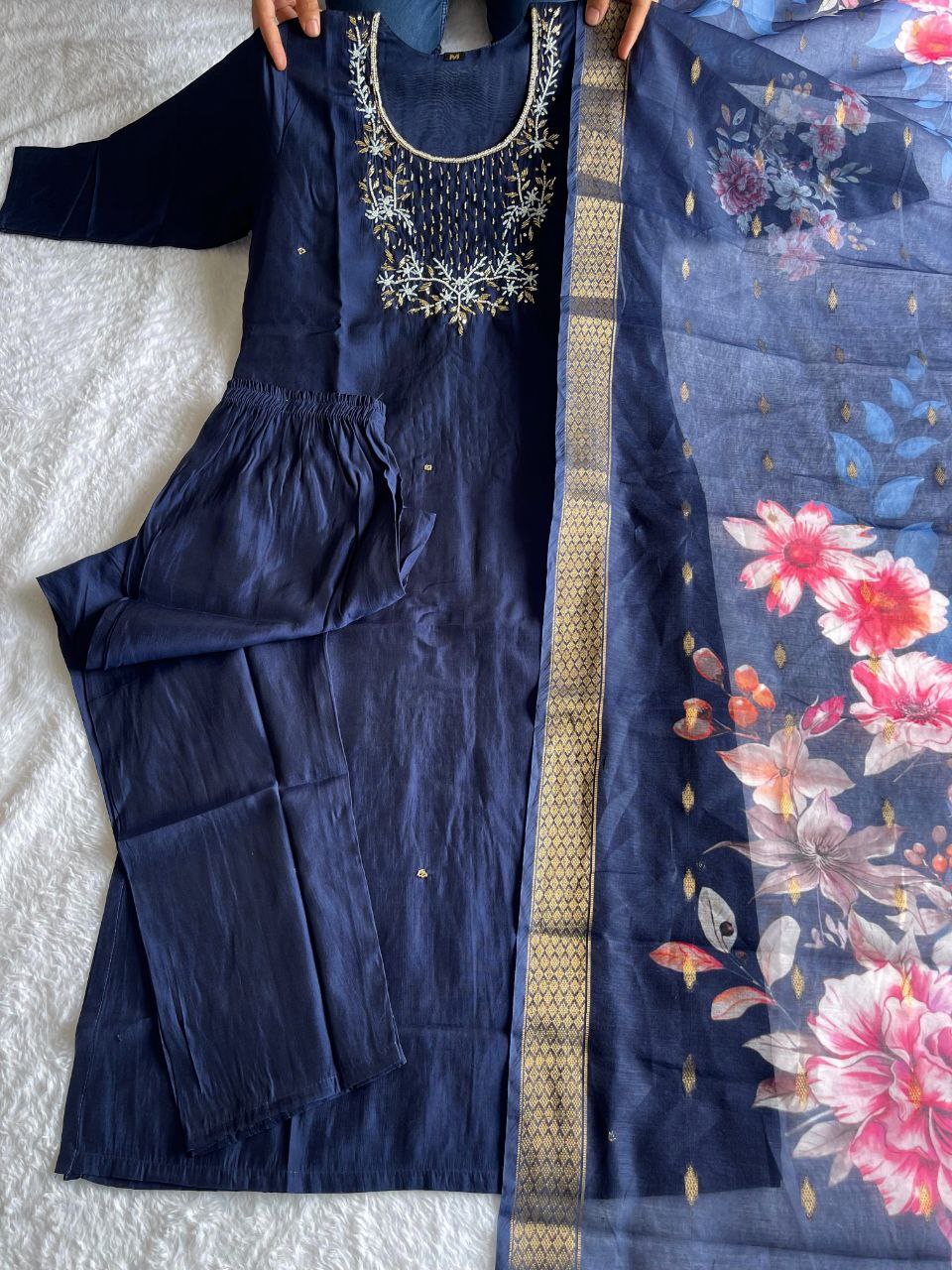 Bewitching Navy Blue Roman Silk Handworked Kurta Pant Dupatta Set - Ethnicwish