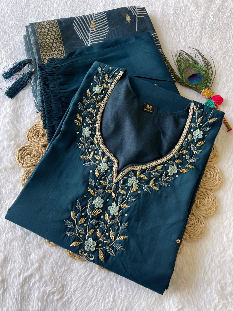 Fetching Dark Peacock Roman Silk Handworked Kurta Pant Dupatta Set - Ethnicwish