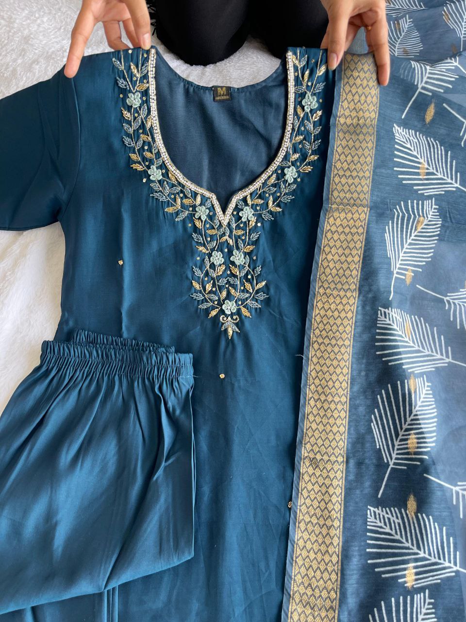 Fetching Dark Peacock Roman Silk Handworked Kurta Pant Dupatta Set - Ethnicwish