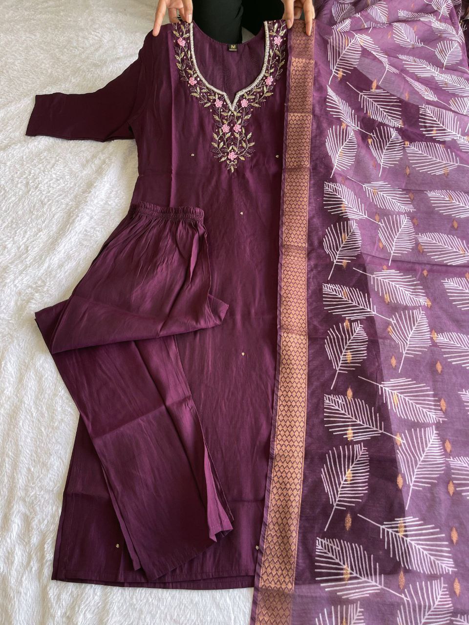 Arresting Wine Roman Silk Handworked Kurta Pant Dupatta Set - Ethnicwish