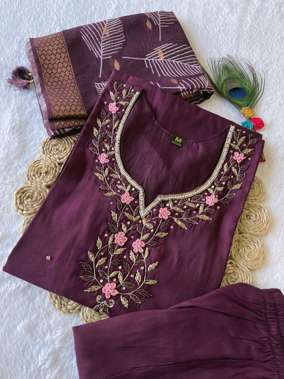 Arresting Wine Roman Silk Handworked Kurta Pant Dupatta Set - Ethnicwish