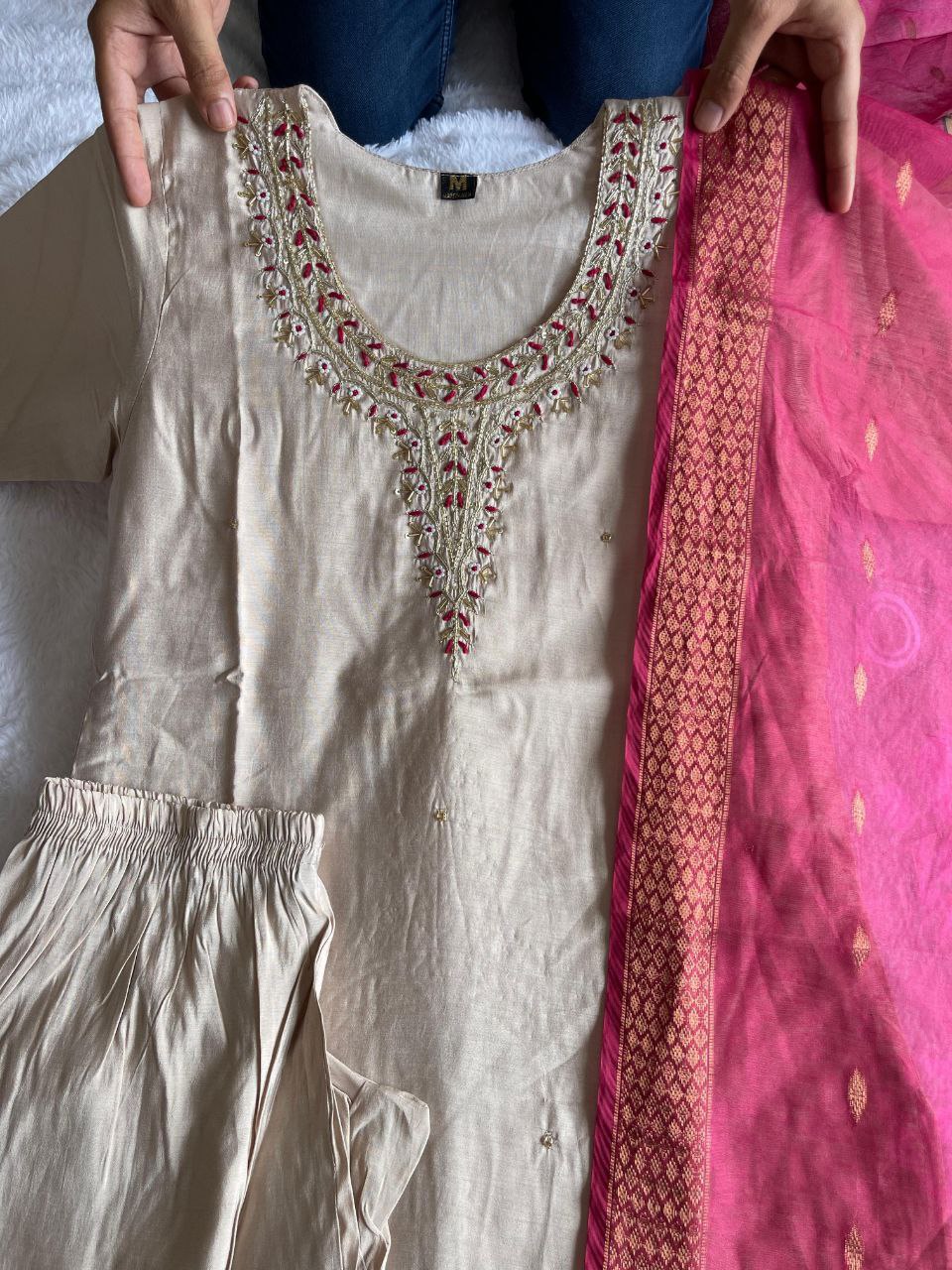 Delightful Cream Roman Silk Handworked Kurta Pant Dupatta Set - Ethnicwish