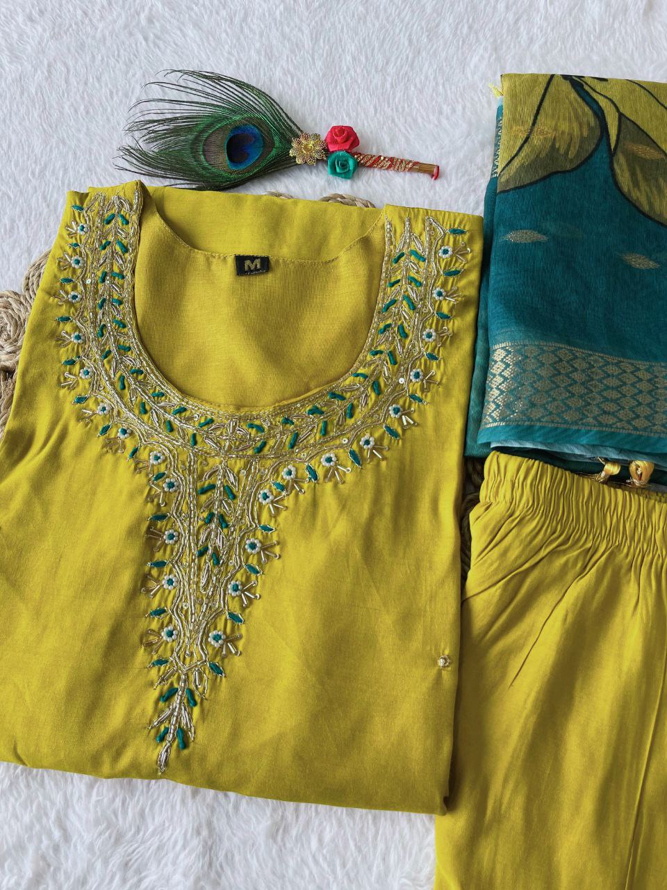Fetching Lemon Yellow Roman Silk Handworked Kurta Pant Dupatta Set - Ethnicwish