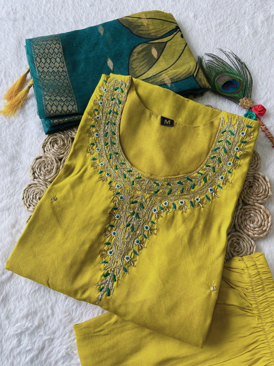 Fetching Lemon Yellow Roman Silk Handworked Kurta Pant Dupatta Set - Ethnicwish