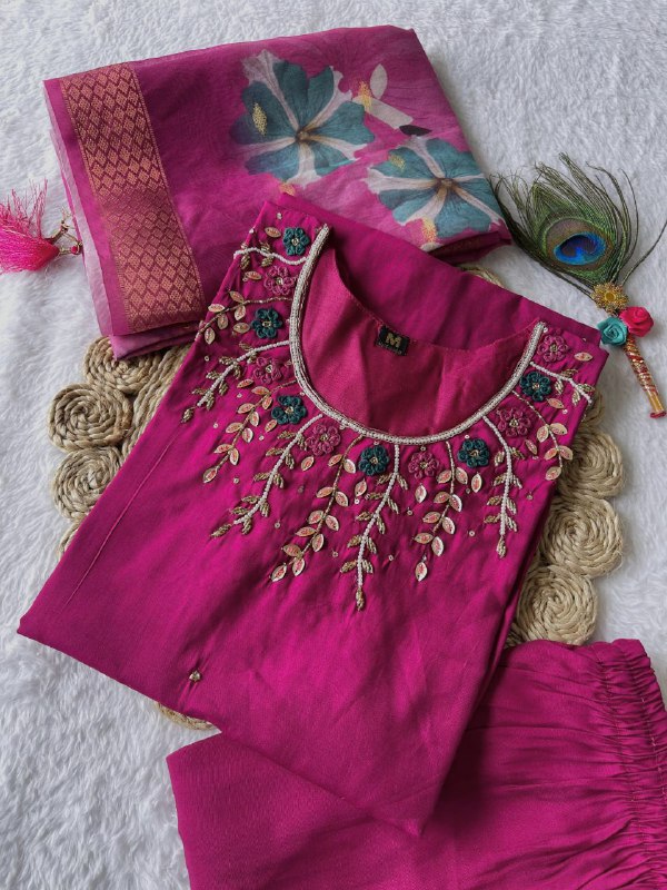 Enchanting Magenta Roman Silk Handworked Kurta Pant Dupatta Set - Ethnicwish