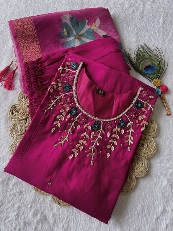 Enchanting Magenta Roman Silk Handworked Kurta Pant Dupatta Set - Ethnicwish