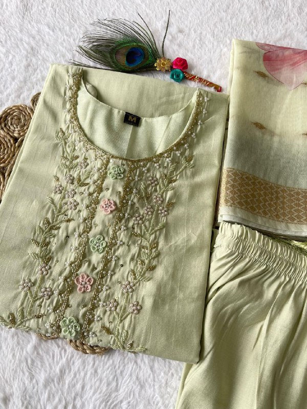 Enamoring Light Pista Roman Silk Handworked Kurta Pant Dupatta Set - Ethnicwish