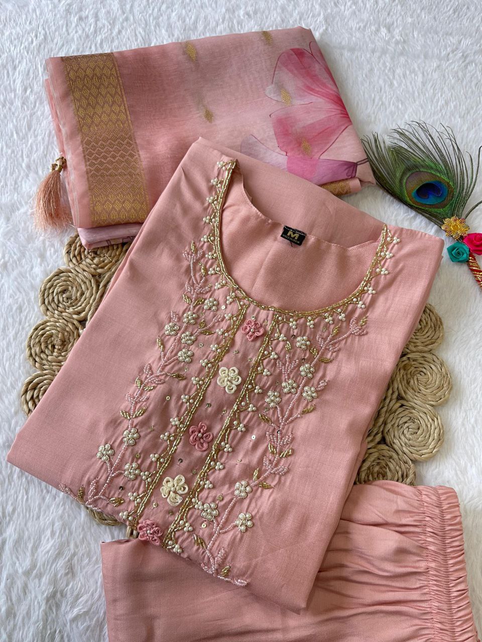 Dashing Peach Roman Silk Handworked Kurta Pant Dupatta Set - Ethnicwish
