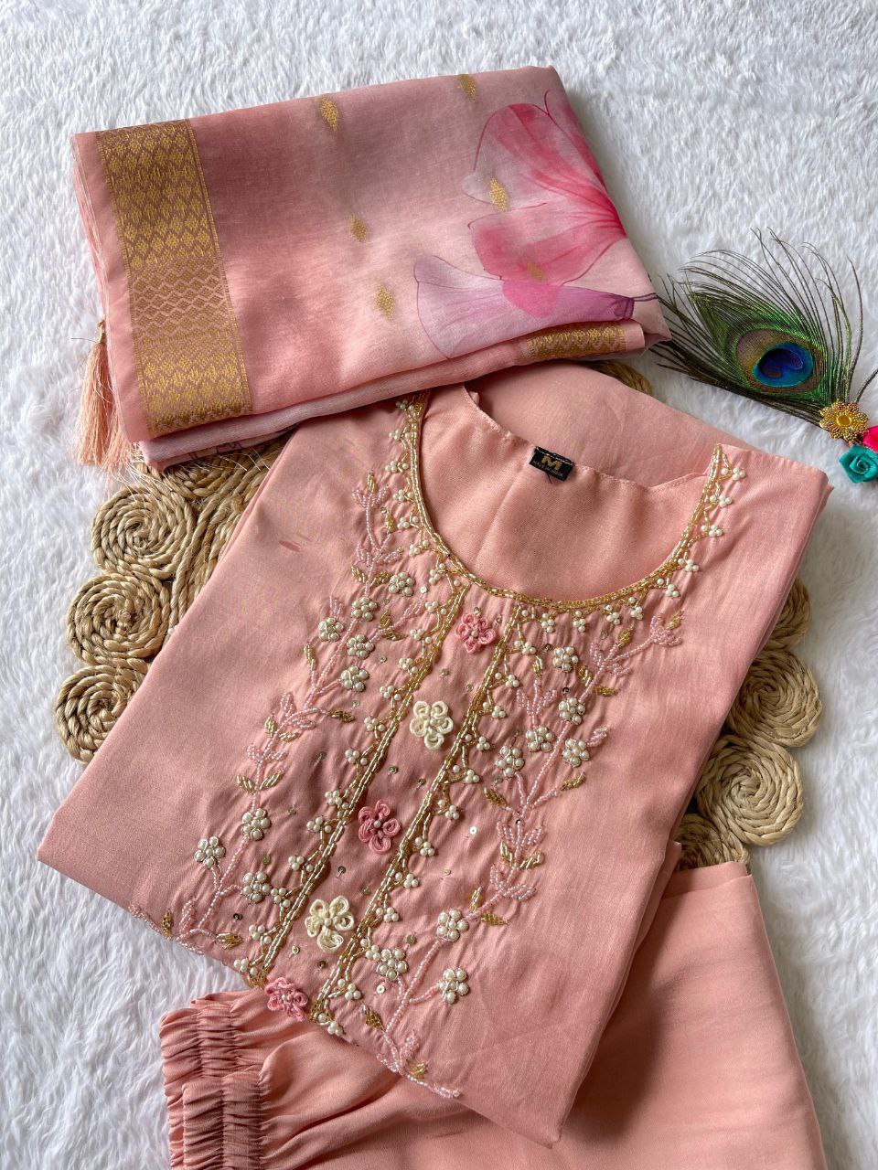 Dashing Peach Roman Silk Handworked Kurta Pant Dupatta Set - Ethnicwish