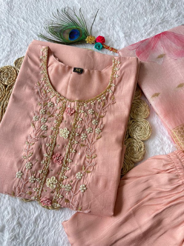 Dashing Peach Roman Silk Handworked Kurta Pant Dupatta Set - Ethnicwish