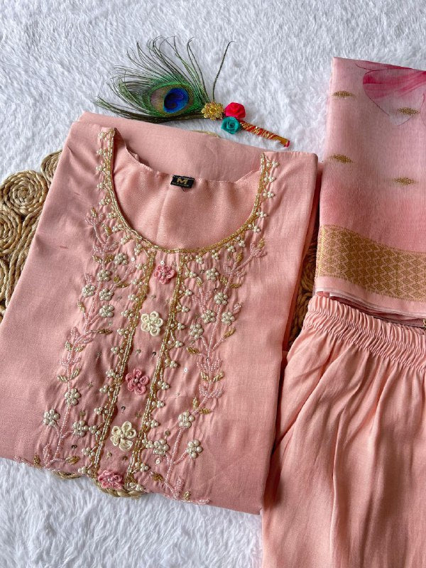 Dashing Peach Roman Silk Handworked Kurta Pant Dupatta Set - Ethnicwish