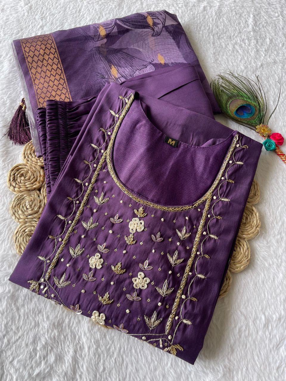 Posh Light Purple Roman Silk Handworked Kurta Pant Dupatta Set - Ethnicwish