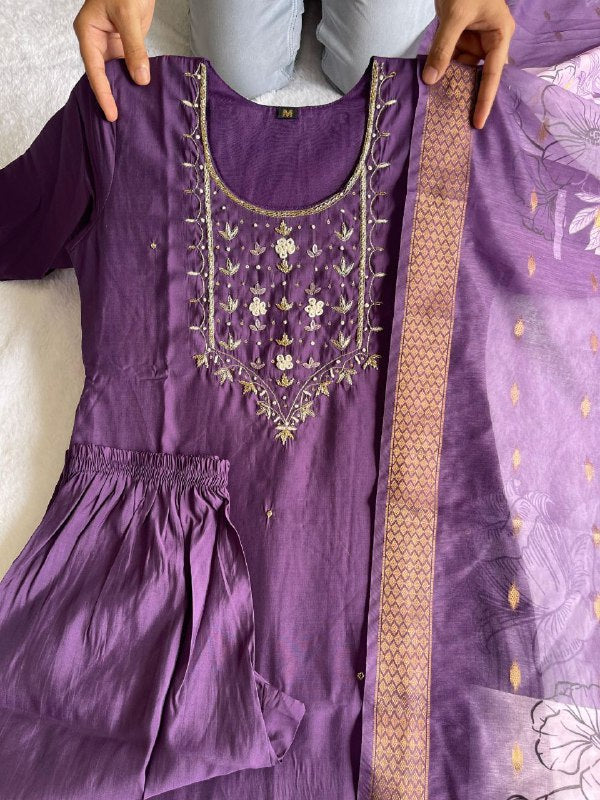 Posh Light Purple Roman Silk Handworked Kurta Pant Dupatta Set - Ethnicwish