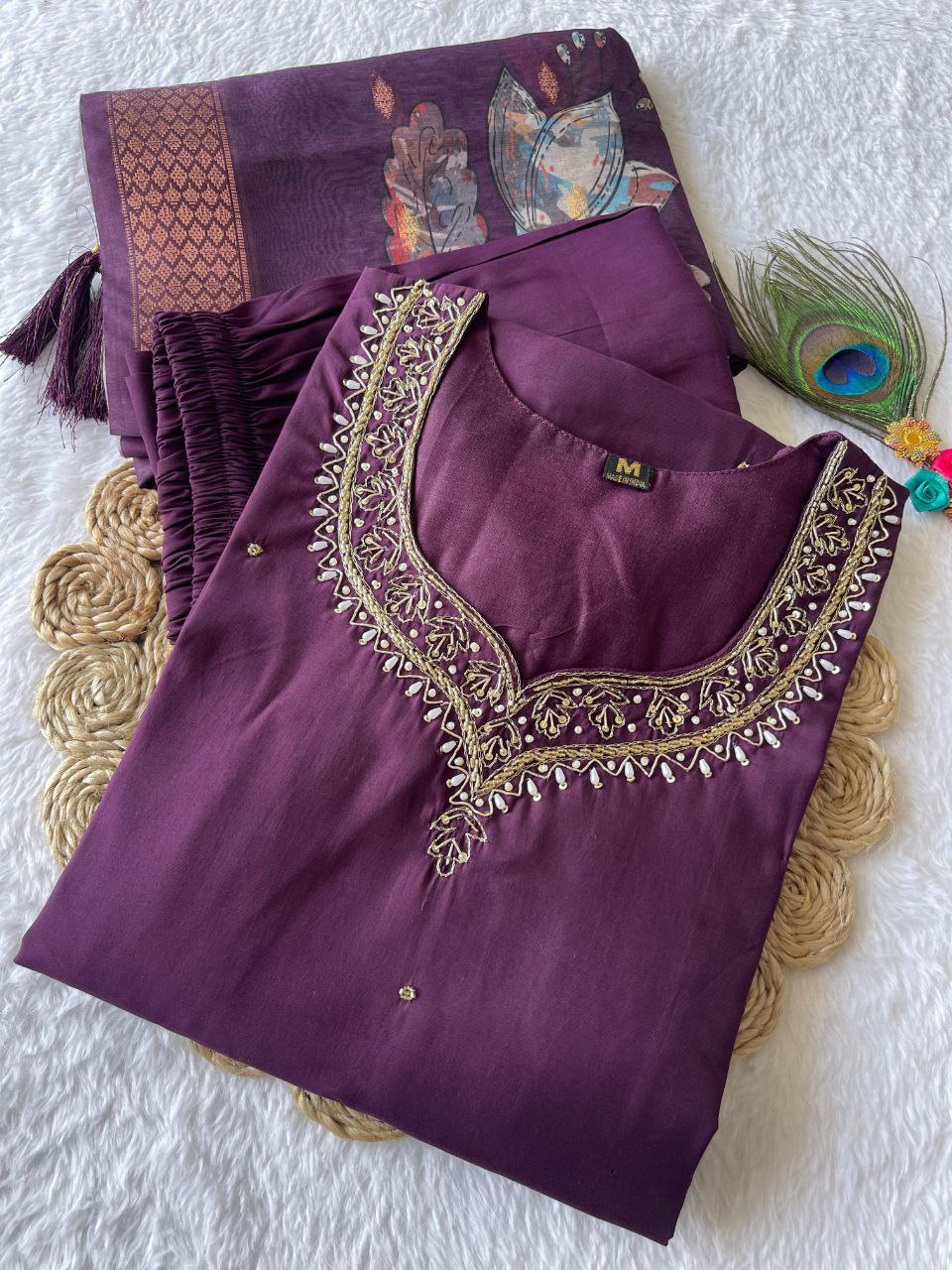 Winsome Purple Roman Silk Handworked Kurta Pant Dupatta Set - Ethnicwish