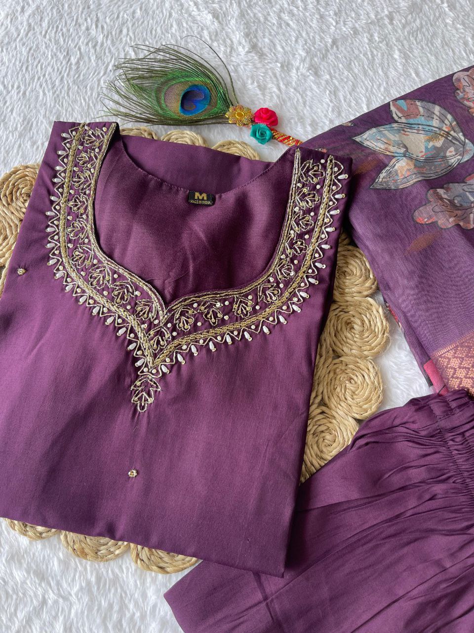Winsome Purple Roman Silk Handworked Kurta Pant Dupatta Set - Ethnicwish
