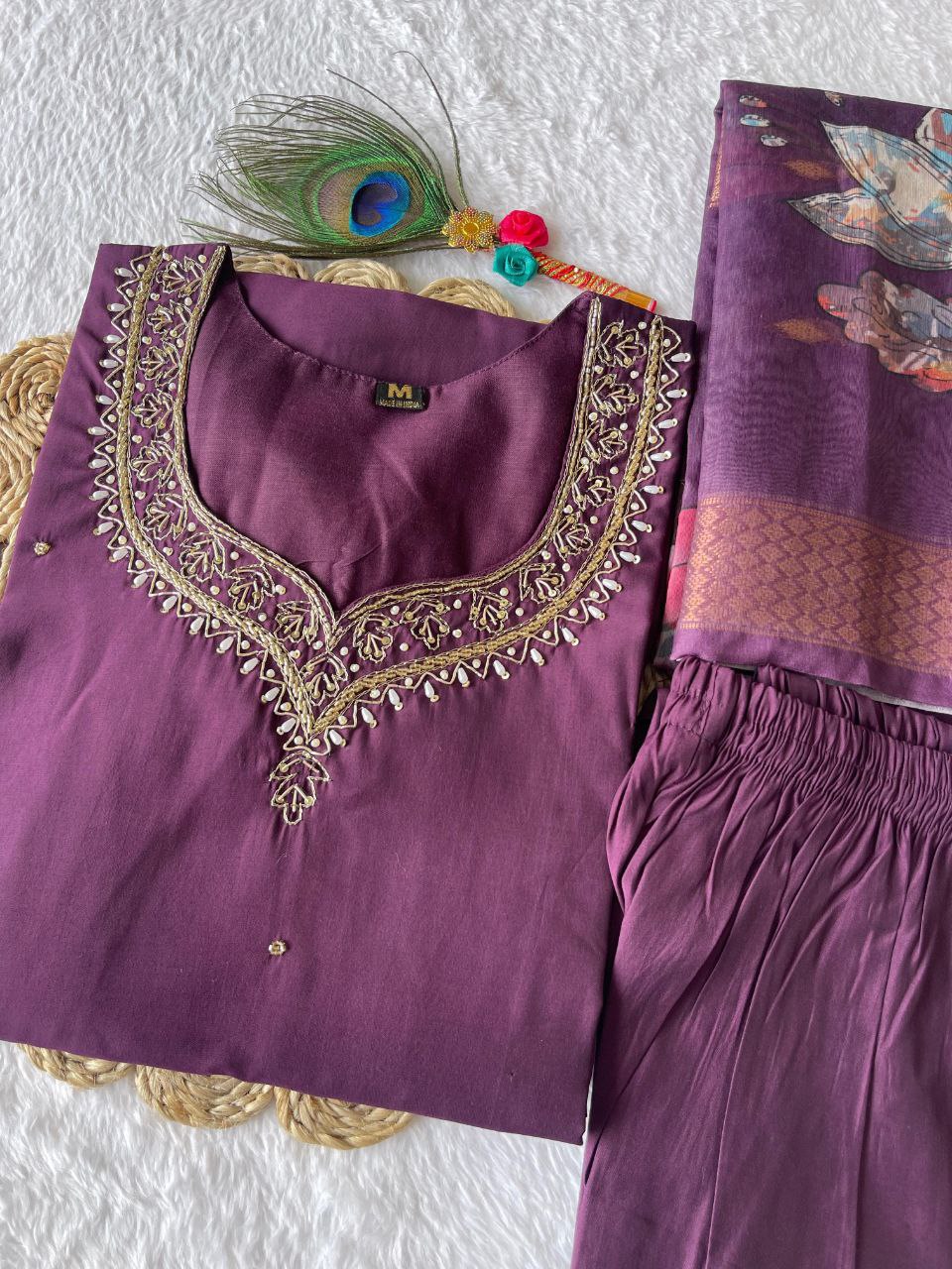 Winsome Purple Roman Silk Handworked Kurta Pant Dupatta Set - Ethnicwish