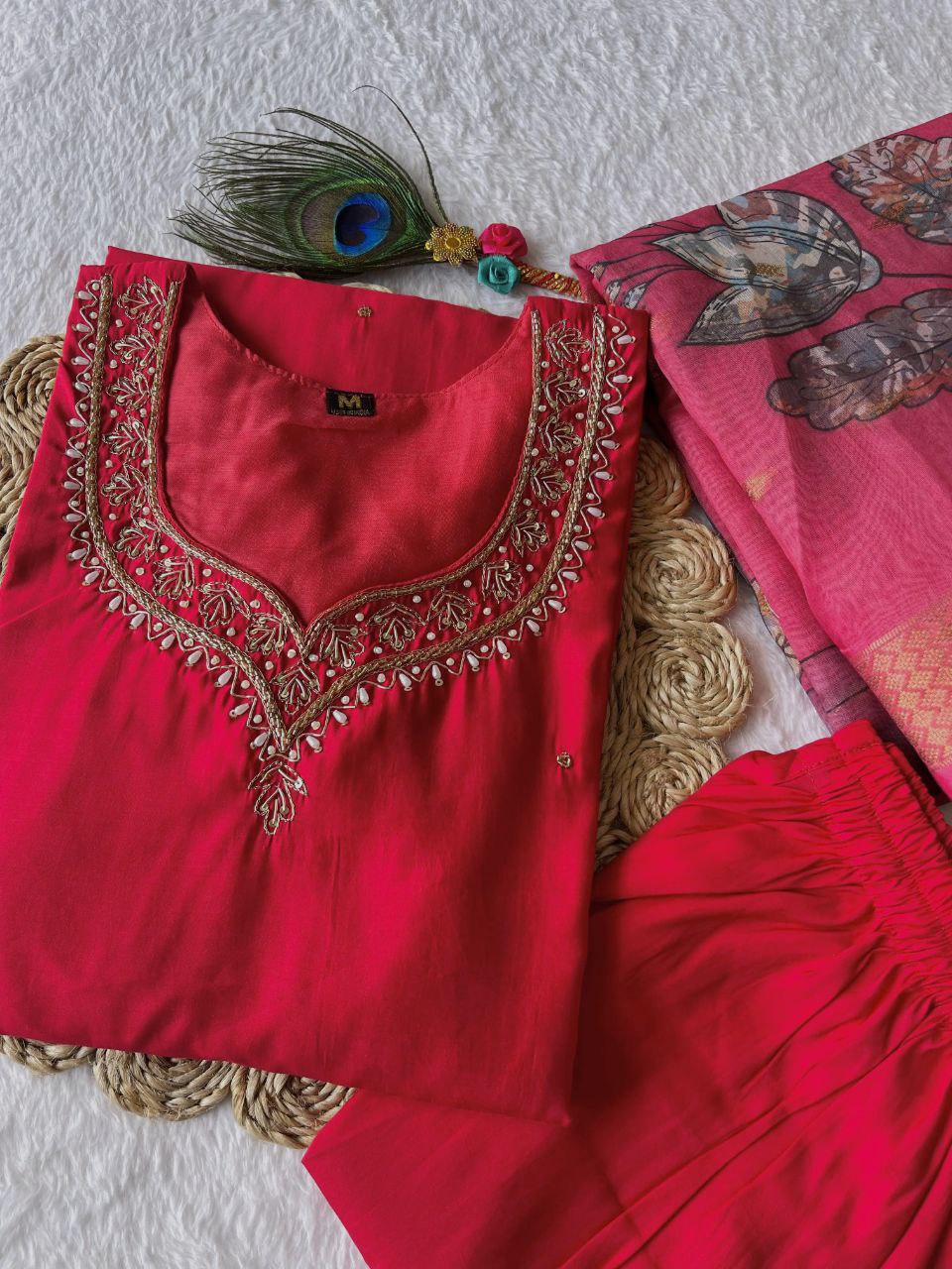 Stunning Tomato Red Roman Silk Handworked Kurta Pant Dupatta Set - Ethnicwish