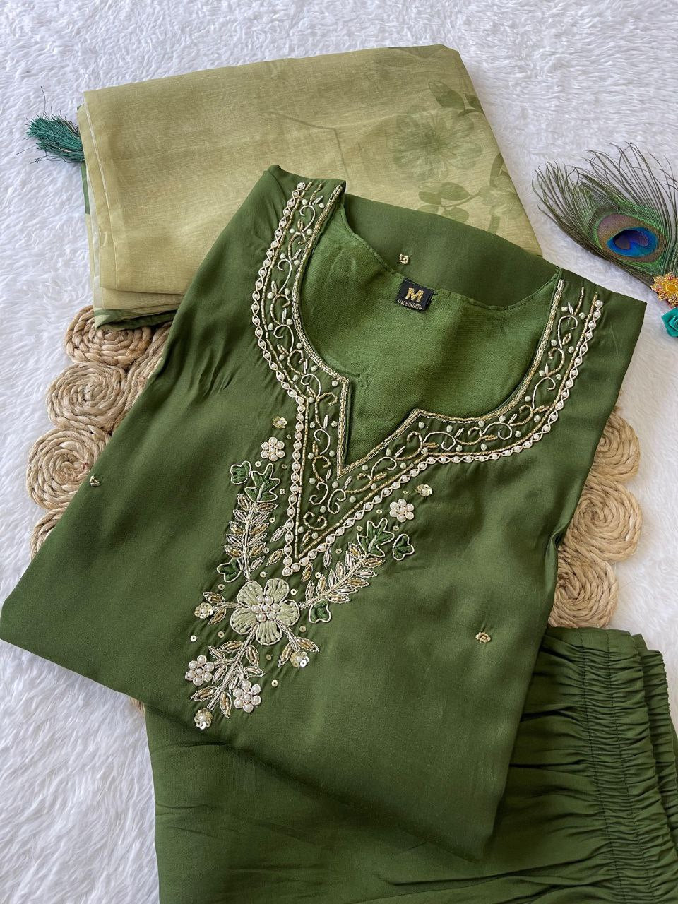 Sublime Dark Mehendi Roman Silk Handworked Kurta Pant Dupatta Set - Ethnicwish