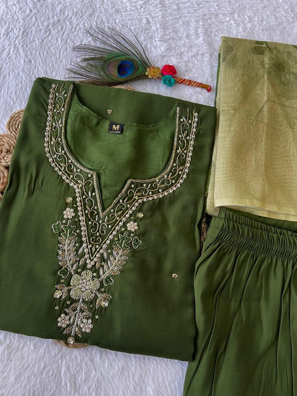 Sublime Dark Mehendi Roman Silk Handworked Kurta Pant Dupatta Set - Ethnicwish