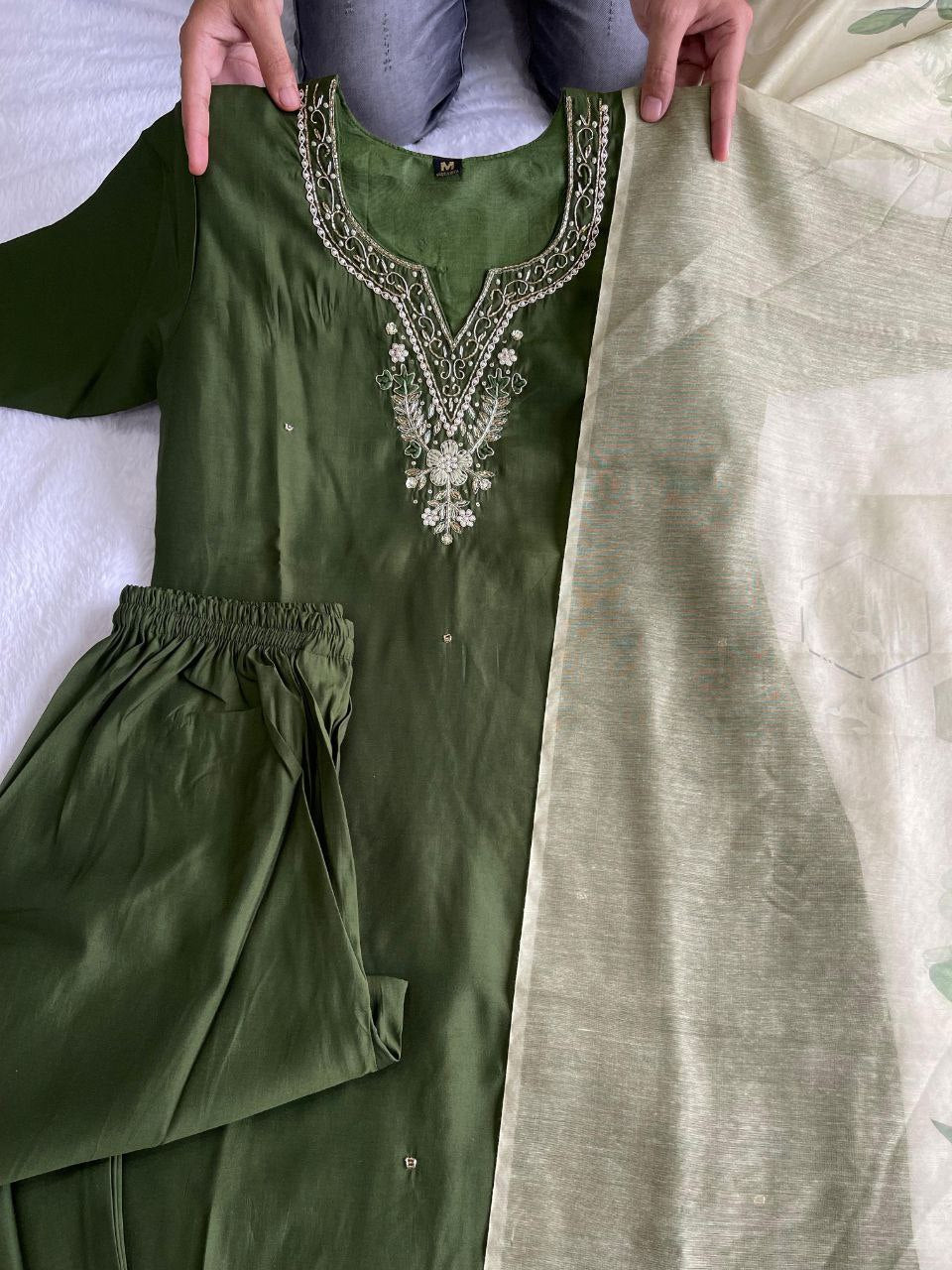 Sublime Dark Mehendi Roman Silk Handworked Kurta Pant Dupatta Set - Ethnicwish