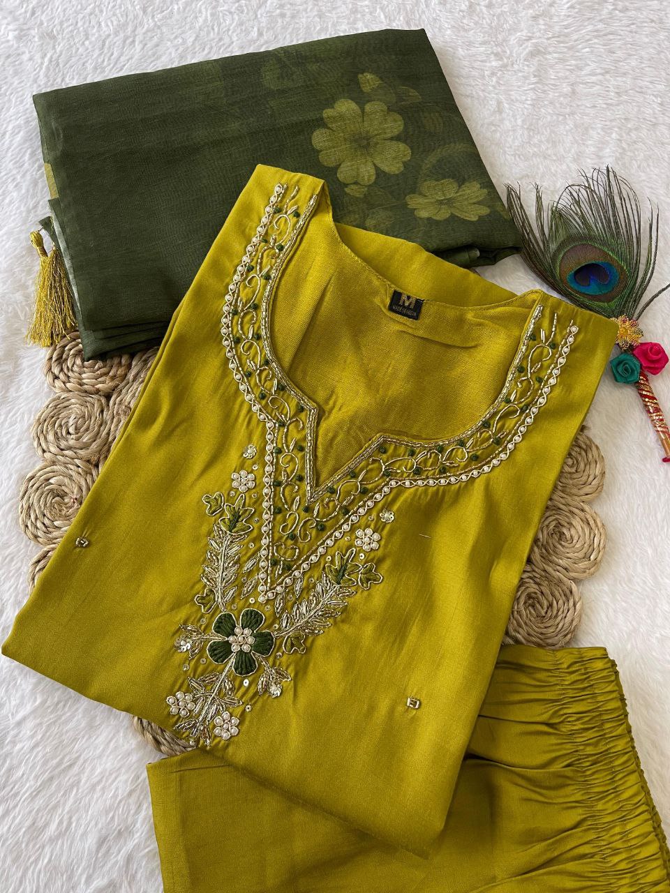 Fabulous Parrot Green Roman Silk Handworked Kurta Pant Dupatta Set - Ethnicwish