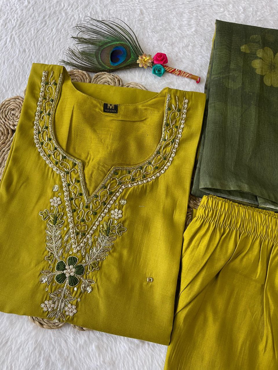 Fabulous Parrot Green Roman Silk Handworked Kurta Pant Dupatta Set - Ethnicwish