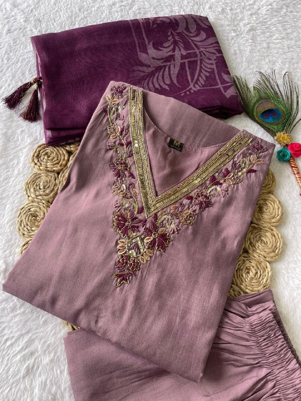 Luminous Ice Wine Roman Silk Handworked Kurta Pant Dupatta Set - Ethnicwish