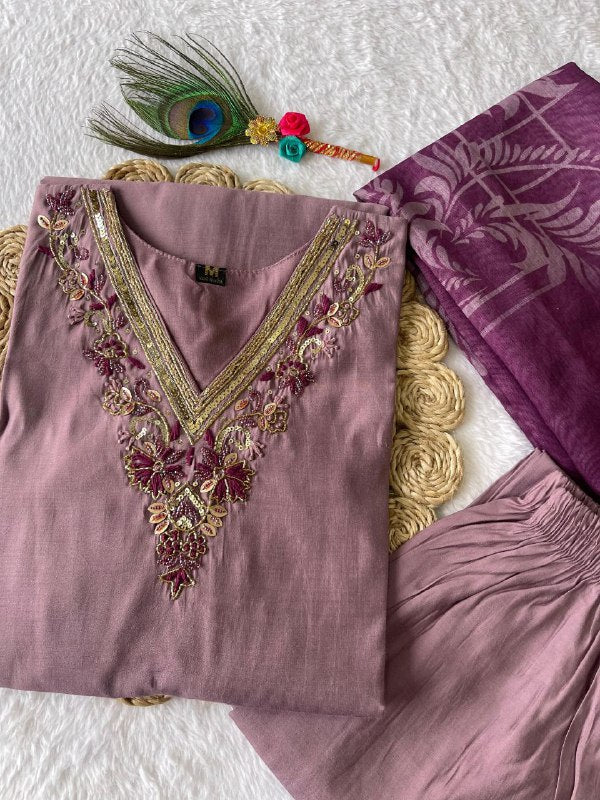 Luminous Ice Wine Roman Silk Handworked Kurta Pant Dupatta Set - Ethnicwish