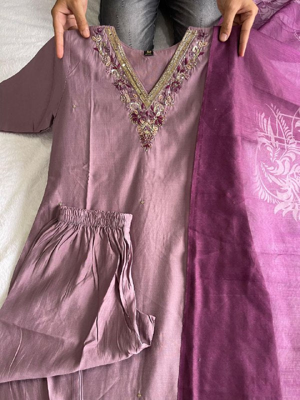 Luminous Ice Wine Roman Silk Handworked Kurta Pant Dupatta Set - Ethnicwish